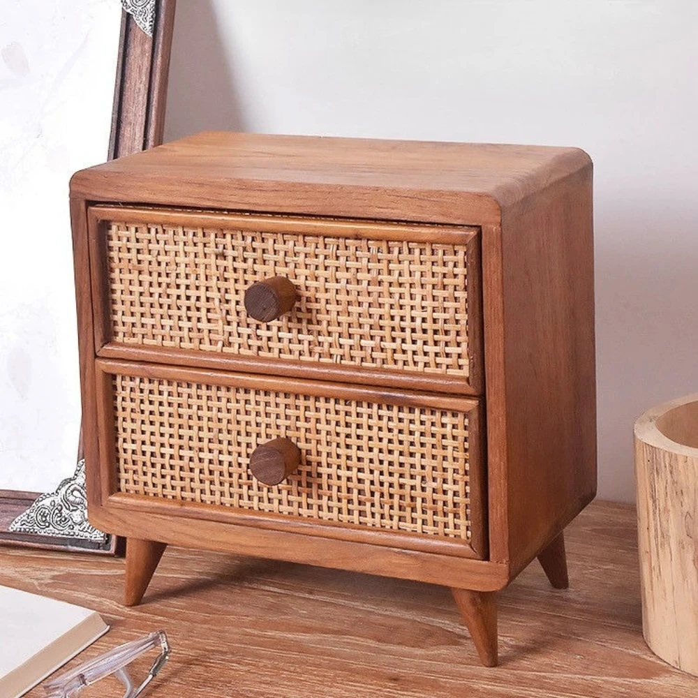 

Retro Style Vine Weaving Organizer Boxes Handmade Jewelry Box Desktop Solid Wood Removable Makeup Organizer Home Decoration Box