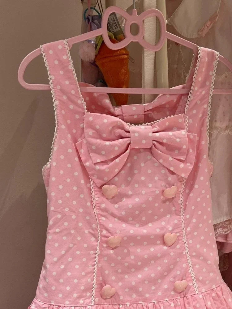 فساتين حلوة لطيفة بدون أكمام للنساء بفيونكة على شكل موجة Y2k فستان جمالي مكشكش بطيات الجرونج Harajuku فساتين بأزرار صغيرة #3