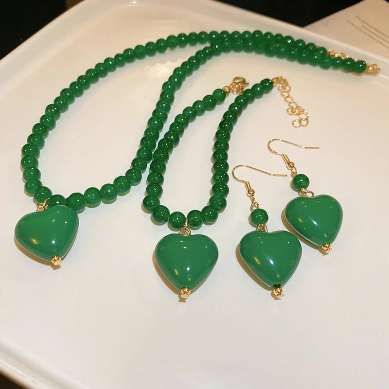 3 Pcs Green Agate Beads Pendant Necklace Elegent Earrings Bracelet Heart Necklaces Women Vintage Jewelry Set Accessories K