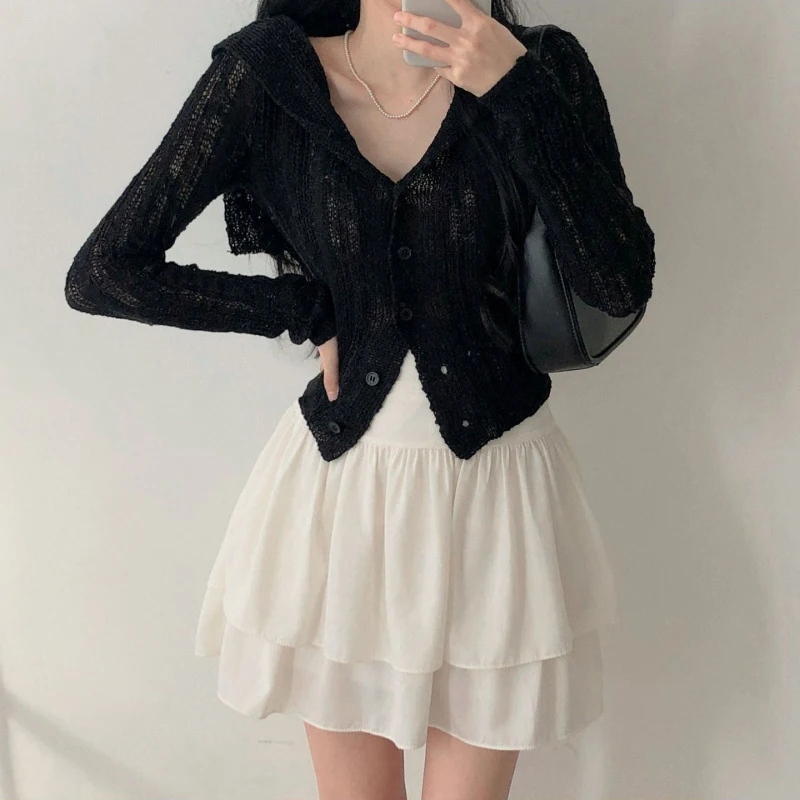 REALEFT Spring Summer Hollow Out Crochet Women's Blouses 2025 New Long Sleeve Knitted Navy Collar Single Breasted Shirts Womens