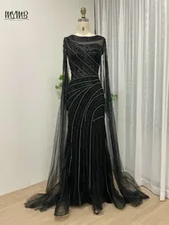 MYMB Arabic Blue Scoop Neck Gorgerous Beaded Wedding Guest Gown Dubai Elegant Cape Sleeves Mermaid Evening Dress for Women Party