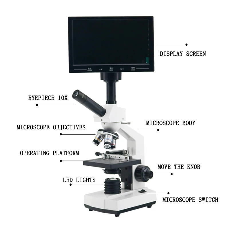 Professional Laboratory Biological blood cells HD Microscope 40X-1600X with HD LCD Display Screen Electronic Eyepiece TV AV USB