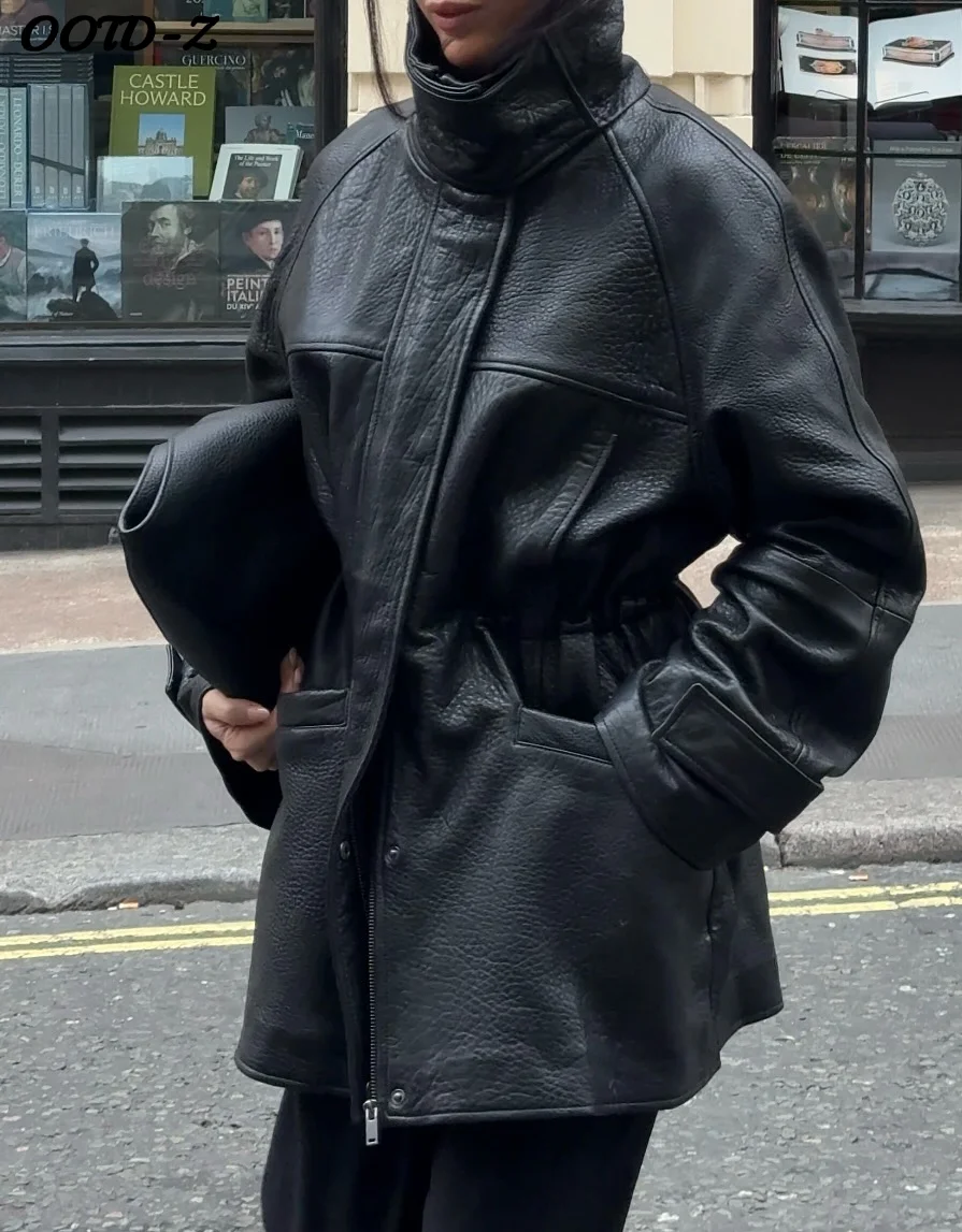 الشارع بولي Leather سترة جلدية النساء Y2k الصلبة سحابات طويلة الأكمام جيب الوقوف طوق معطف الإناث 2025 الشتاء سيدة أبلى