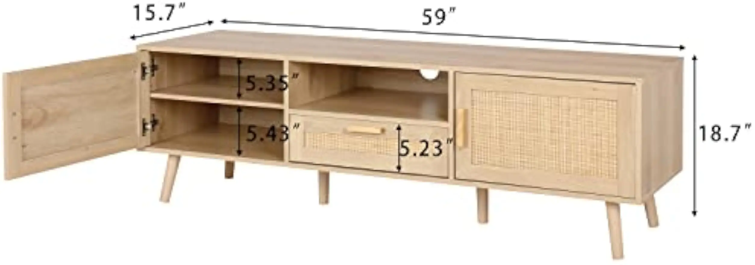 TV Stand for up to 70 inch TV, TV Console with 2 Hand Made Rattan Decorated Doors