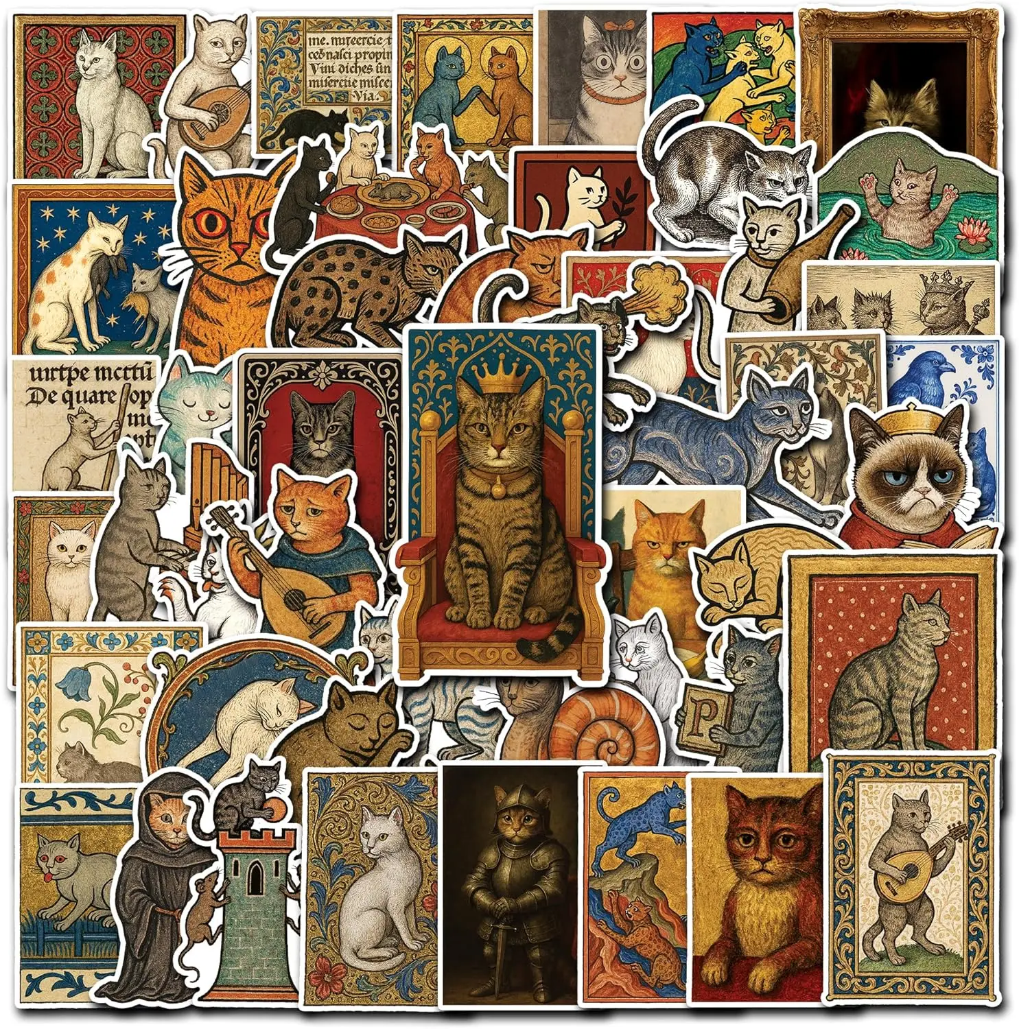 

50 Medieval Cat Stickers Waterproof Vintage Aesthetic Decals for Laptop, Water Bottle, Scrapbooking, Gifts