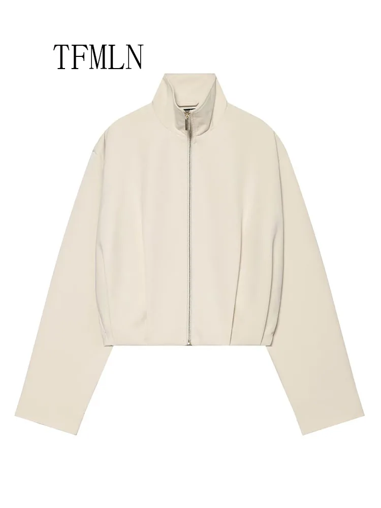 2026 New Women Loose Bomber Jackets Chic Causal Long Sleeve Pleated Coat Fashion Stand Collar Streetwear Short Jacket Outwear