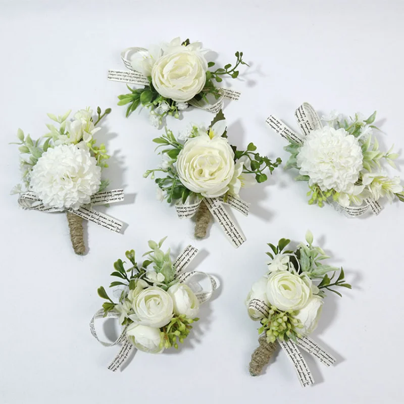 ผ้าไหมกุหลาบ Boutonniere งานแต่งงาน Buttonhole Lace Pearl สร้อยข้อมือ Corsage เจ้าสาว Boutonniere ดอกไม้แต่งงานอุปกรณ์เสริม