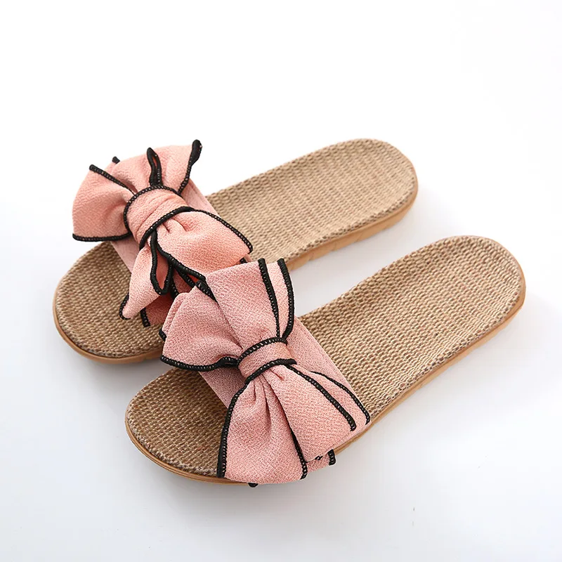 Women Summer Casual Slides Comfortable Flax Slippers Striped Bow Linen Flip Flops Platform Sandals Ladies Indoor Shoes