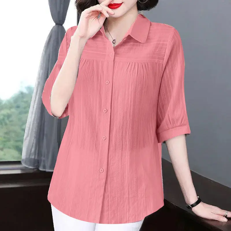 Single-breasted Solid Color Turndown Collar Half Sleeve Women 2022 Summer Fashion Casual Clothes Elegant Blouse Female T-shirts