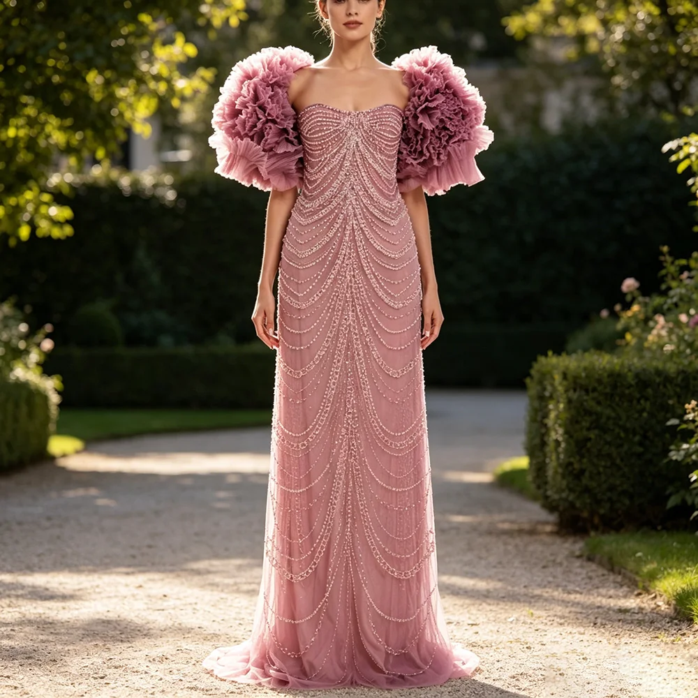 

Luxury Beads Formal Party Dress Women's Square Neck A-lien Floor Length Prom Gowns Customzied Long Sleeve Evening Dress New