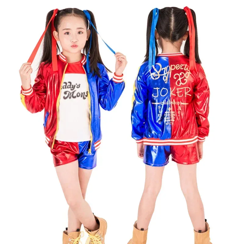 

Child Girls Harley Cosplay Costumes Quinn Squad Top T-shirt Jacket Wigs Anime Cosplay Uniforms Halloween