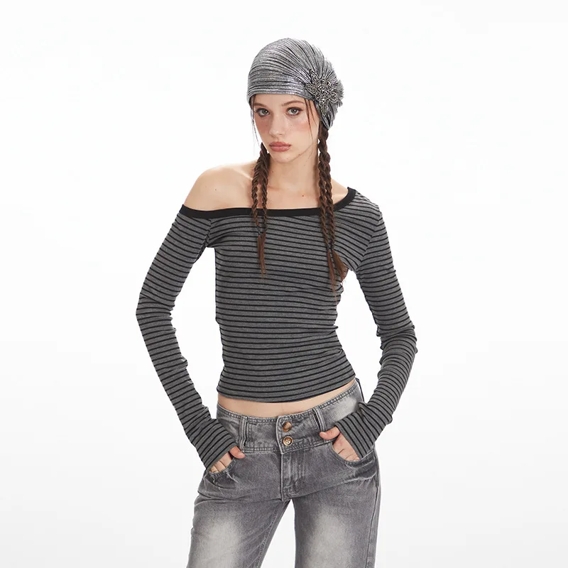 

2026 Spring New Arrival Women's One Shoulder Striped Long Sleeve T-shirt Slim Fit Gray/White Fashion Top