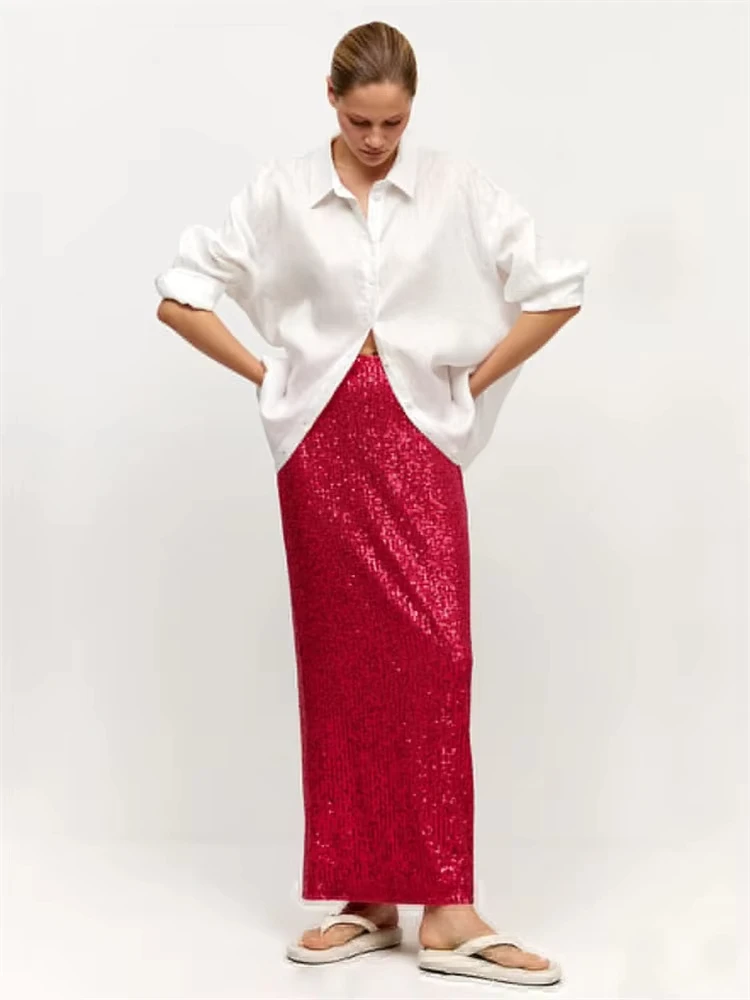 High Waist Sequin For Women Long Skirt Slim Split Fashion Elegant High Street Glitter Maxi Skirt Casual Female Long Skirt