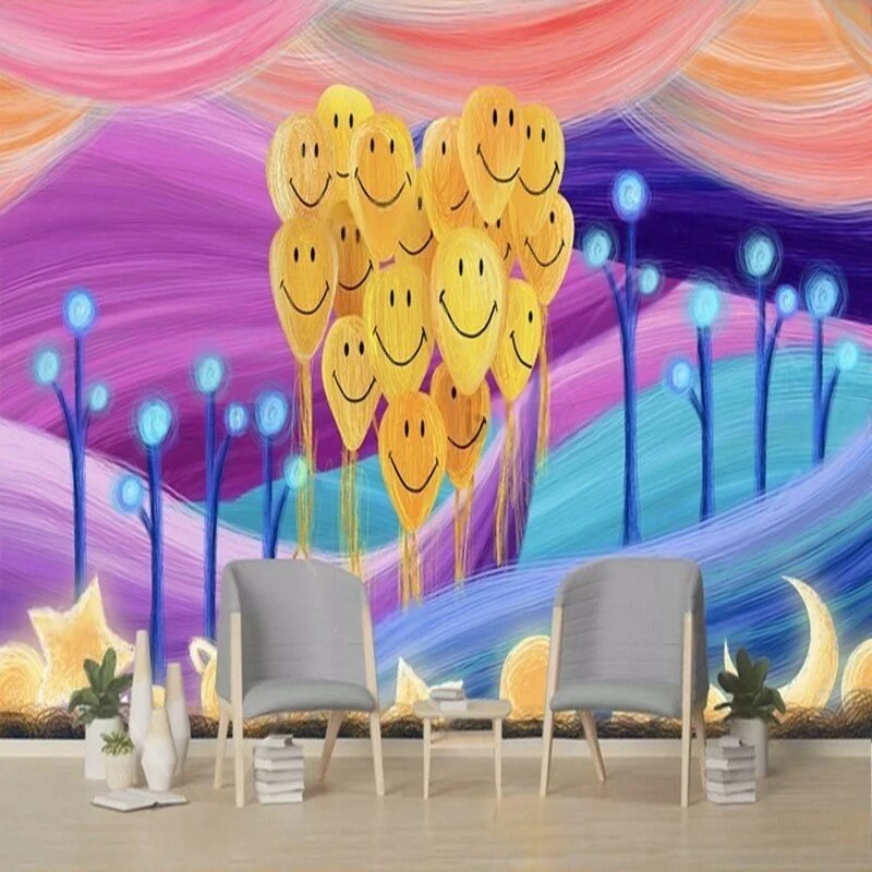 Creative hand-painted photo dreamy rainbow sky forest balloon smile Internet celebrity luxurious Decorate study washable kitchen