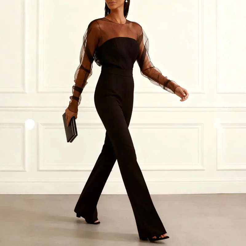 

2026 Spring Sexy Mesh Women's Jumpsuits Elegant O Neck Hollow Overalls Summer Sheer Sleeve Slim Straight Pants Streetwear Romper