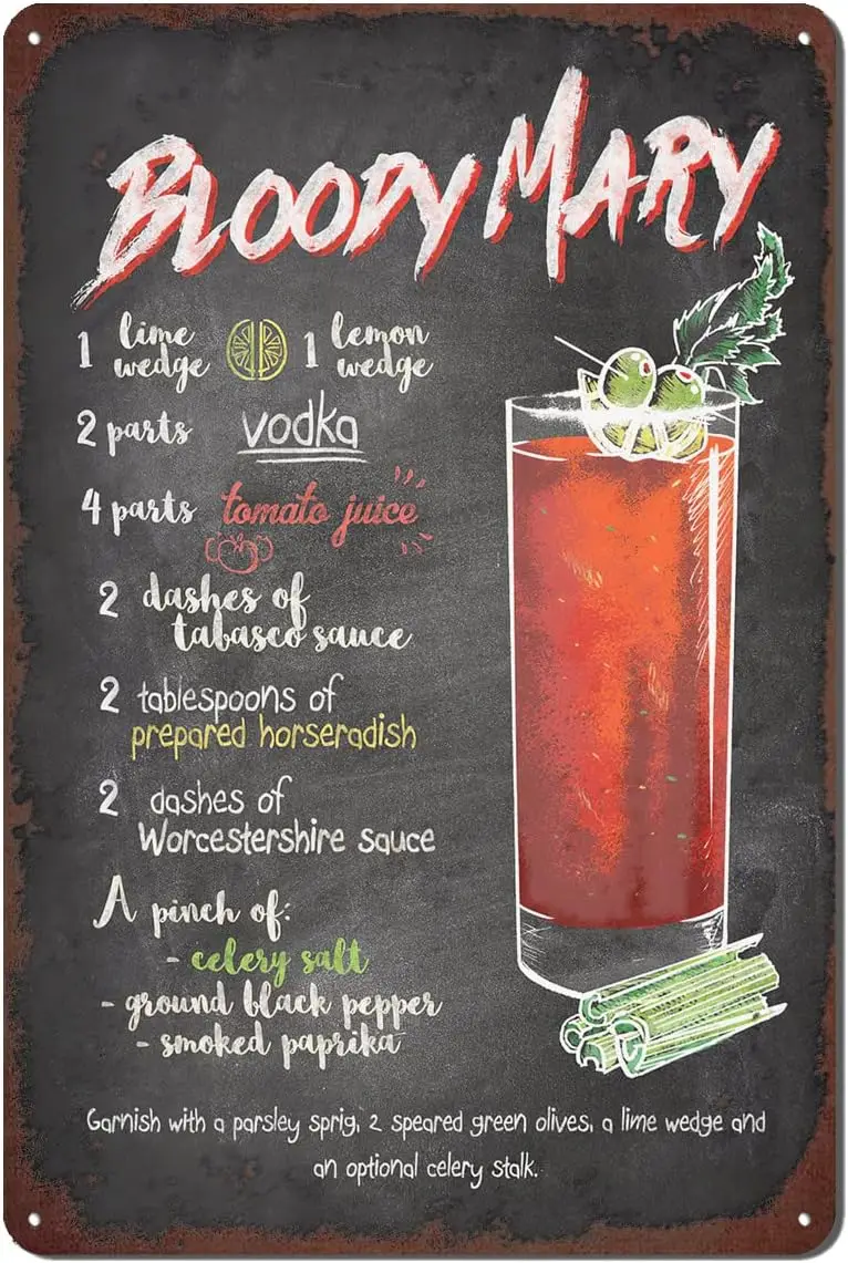 Letrero de chapa de cóctel, letrero de metal de recetas de cócteles vintage, letreros de bar para decoración de pared de bar en casa, 12 x 8 pulgadas, Bloody Mary