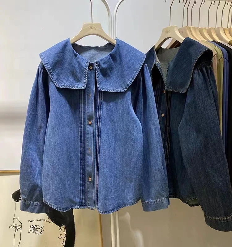 

Autumn Faion Simple Pure Color Denim irt Women Loose Doll Sle Long Sve Regular Length Casual Loose Fit Ladies irt