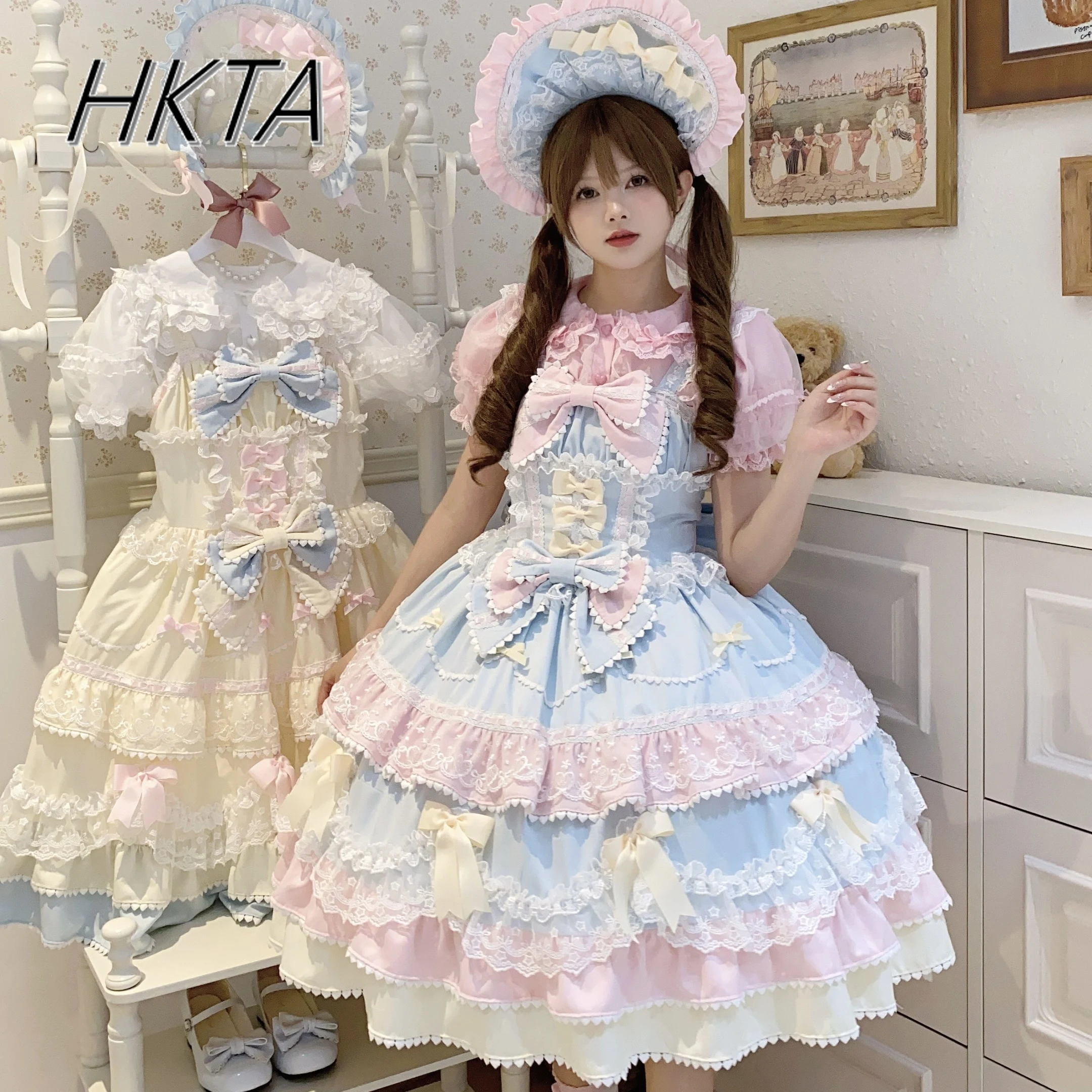 2025 Summer New Kawaii Sweet Lolita Dress Cute Princess Jsk Suspender Dress Bow Lace Sweet Playful Laminated Long Cake Dress