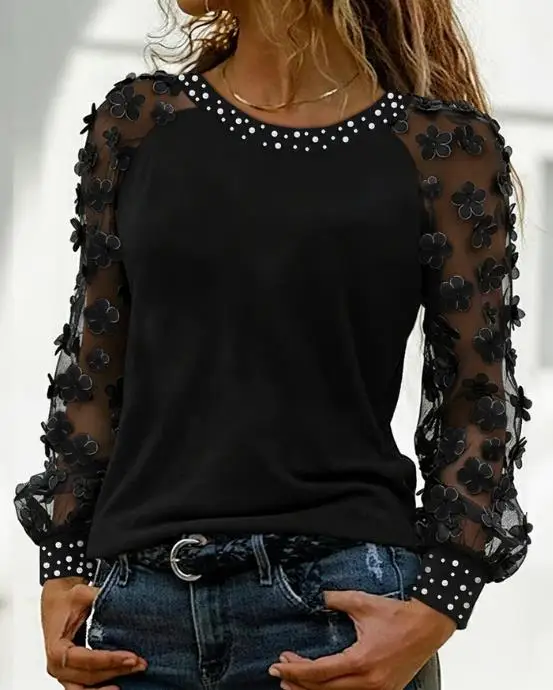 

Woman Blouse 2026 New Spring Autumnn Solid Color Rhinestone Decor 3D Floral Applique Sheer Mesh Long Sleeve Tee Casual Top
