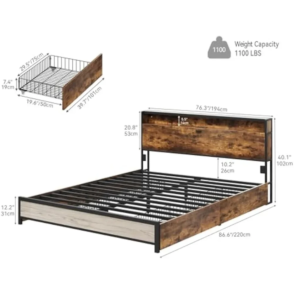 King Size Bed Frame with Storage Headboard, Platform Bed with 4 Drawers, LED Bed Frame with USB Ports & Charging Outlets|