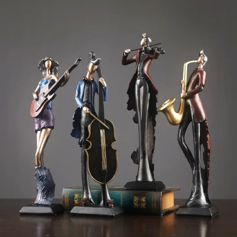 Resin Musical Statue Saxophone Figurines Violin Sculpture Bass Ornament Office Cabinet Room Desktop Decor Home Decoration