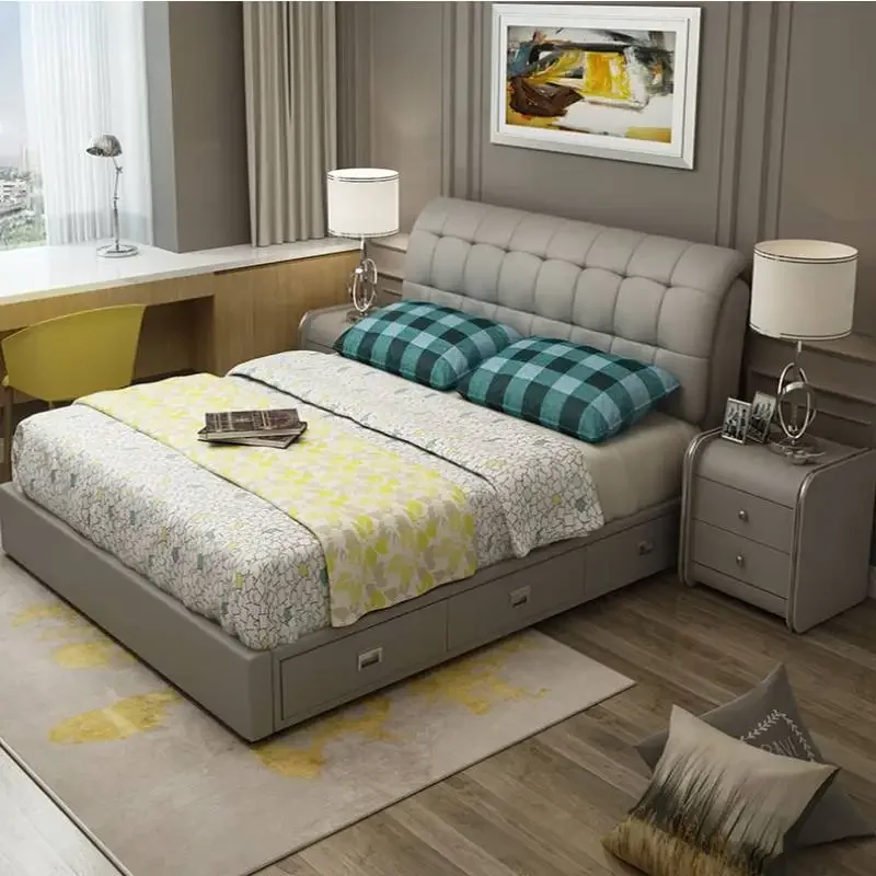 Pretty European Queen Bed Tall Headboard Elegant Solid Wood Frame Bed Bases Nightstands Modern Lit 2 Personnes Furniture Home