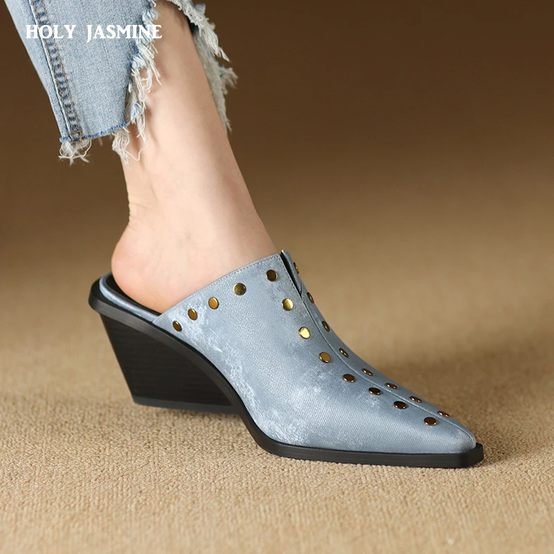 2024 Baotou Half Slippers Women\'s Small Square Head Slope Heel High Heel Cool Slippers Fashion Outwear Thick Heel Lazy Muller