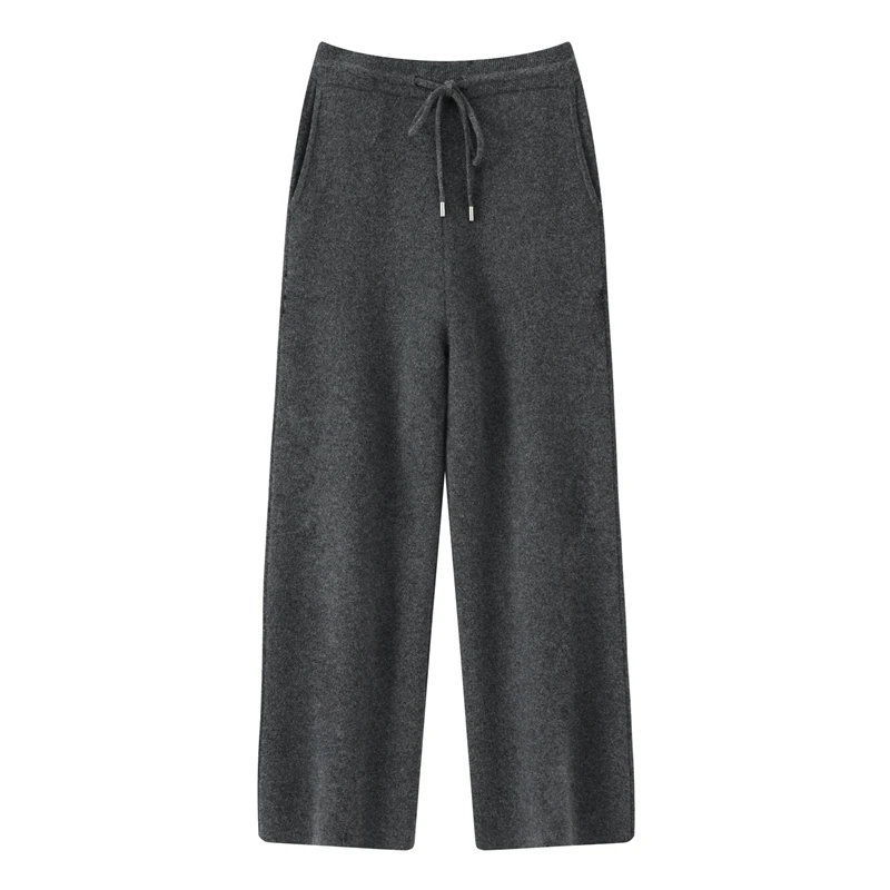 2025 ANGEL Men's 100% Merino Wool Wide Leg Pants Autumn Winter Thick Soft Solid Cashmere Knit Trousers Smart Casual Style Pants