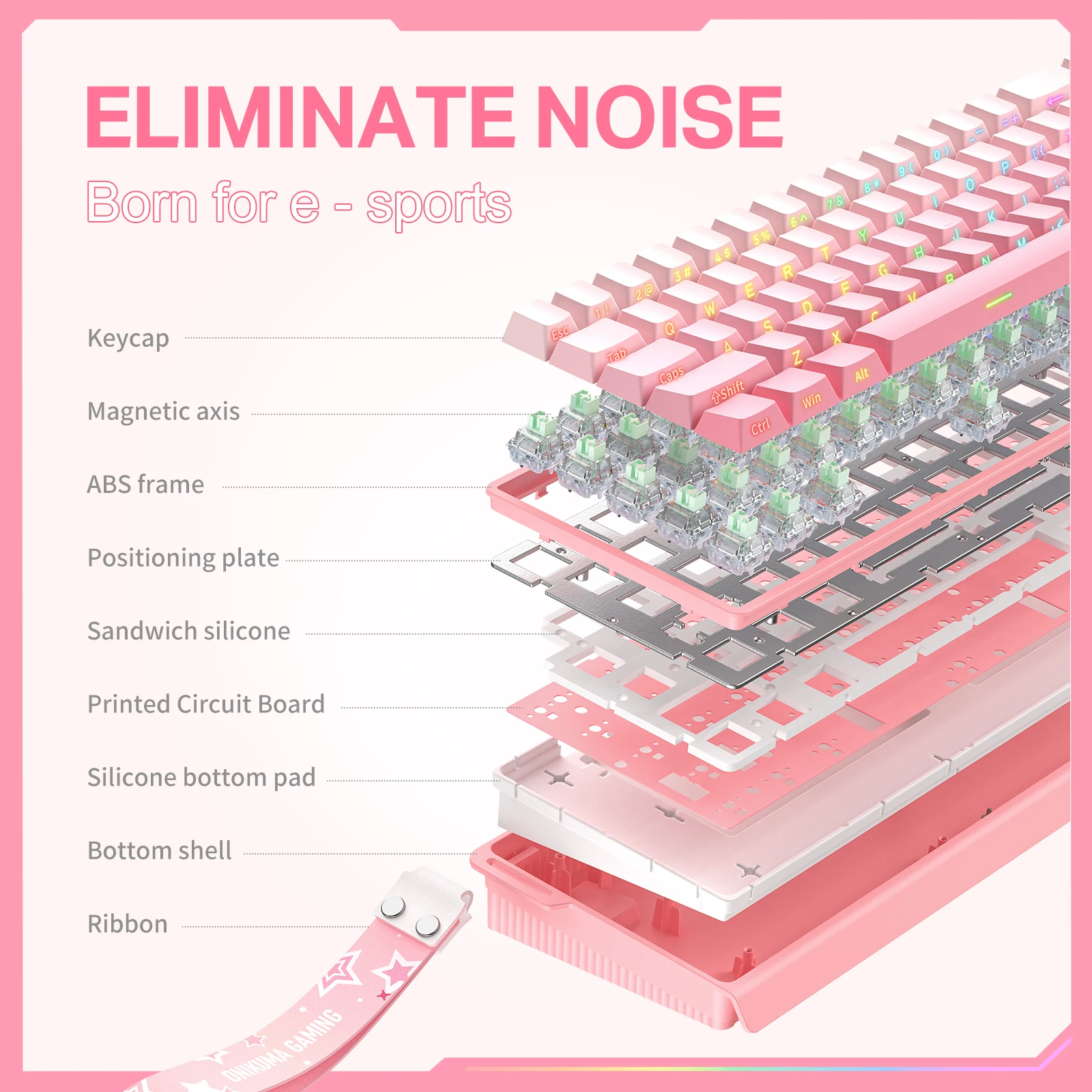 ONIKUMA 68 teclas com fio eixo magnético gradiente RGB efeito de luz teclado de gravação lateral 8000KHz taxa de retorno gatilho de alta precisão