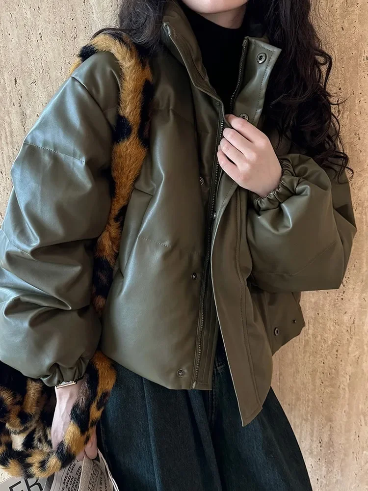 Manteau décontracté en cuir PU à manches longues pour femmes, manteau chaud, col montant, optique, nouveau, mode, automne, hiver, 2023