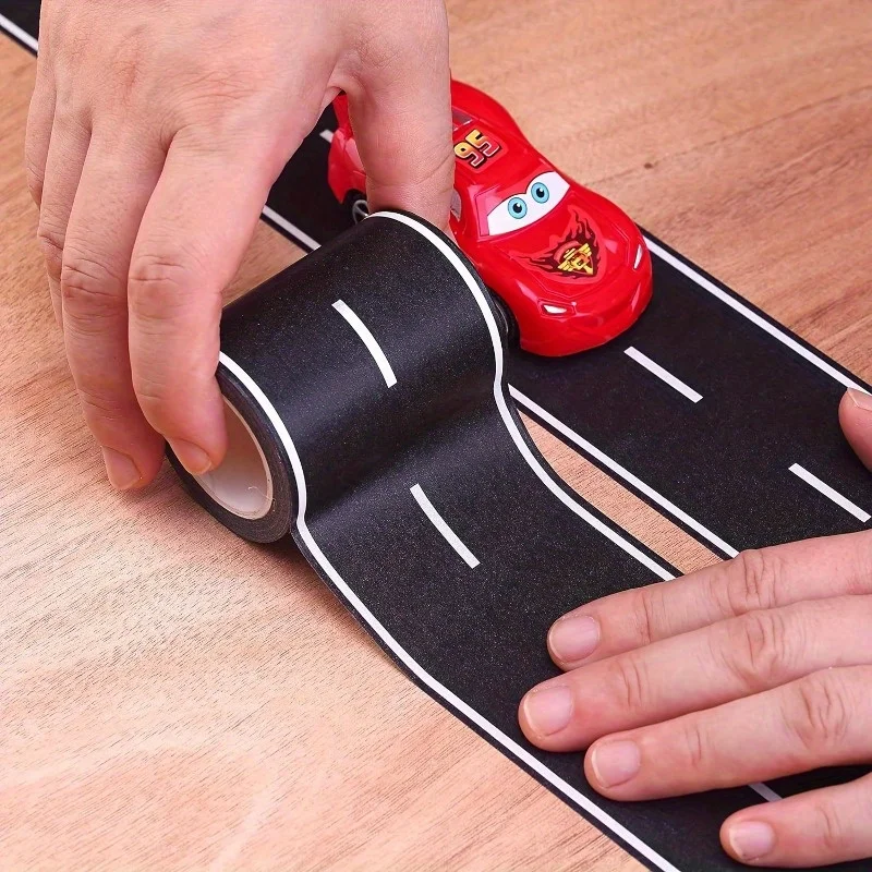 Autocollants de piste de route de dessin animé réutilisables, bande de route noire pour décor de course de fête, finition pailletée pré-collée, thème automatique