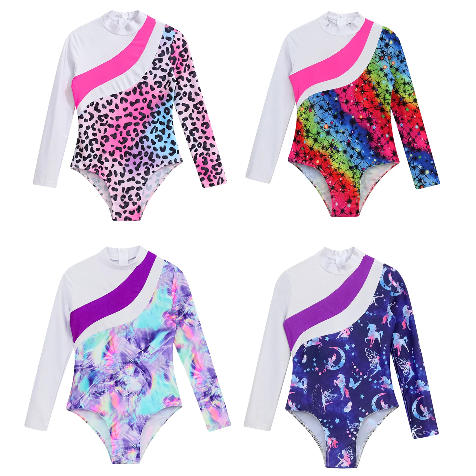 Girls Gymnastics Leotard Tutu Dance Jumpsuit Kids Long Sleeve Cartoon Horse Print Gymnastics Bodysuit Teens Ice Skating Leotard