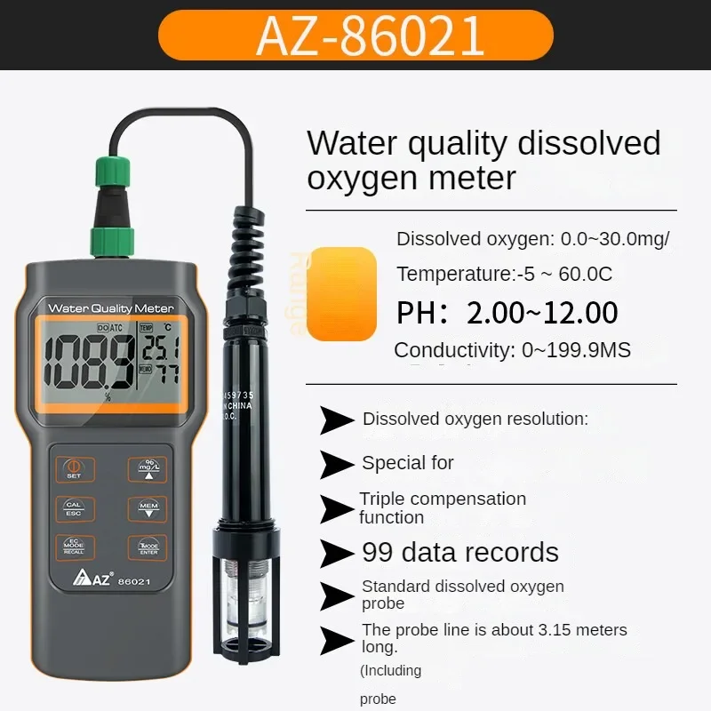 AZ86021 dissolved oxygen detector High precision aquaculture oxygen content tester Multi function pH meter