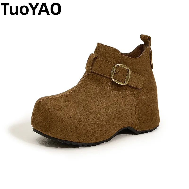 

6.5cm Genuine Leather Women Ankle Boots Chunky Heel Platform Booties Autumn Winter Shoe Comfortable Non Slip Fashion Flock Boots