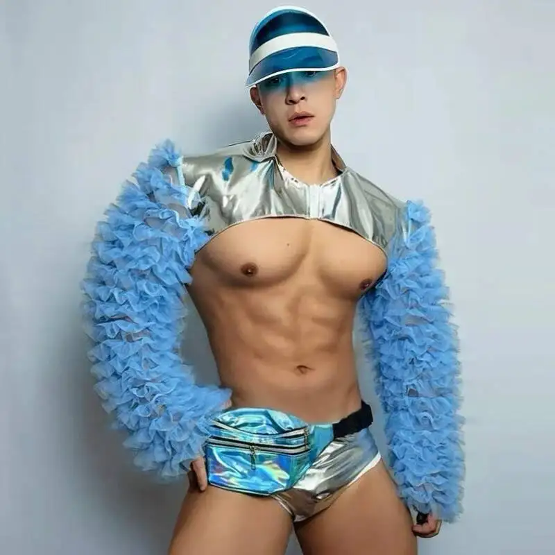 Muscle Man Gogo Dancer Costume Lace Sleeves Coat Laser Shorts Men Sexy Pole Dance Clothing Nightclub DS DJ Stage Wear view 4