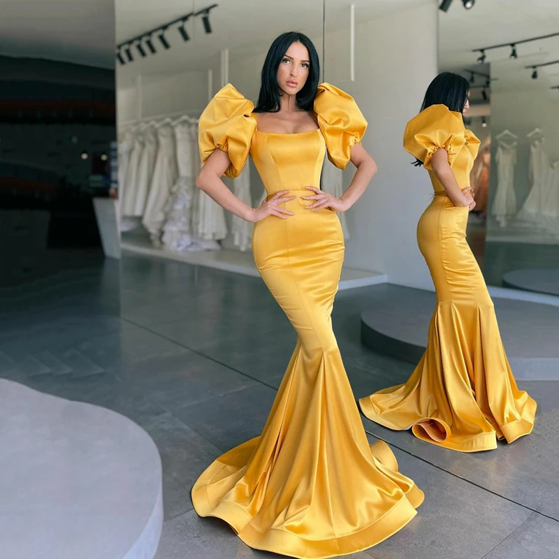 Yellow Long Mermaid Off Shoulder Evening Dress Short Sleeves Formal Party Prom Dresses Vestidos de festa Custom Made