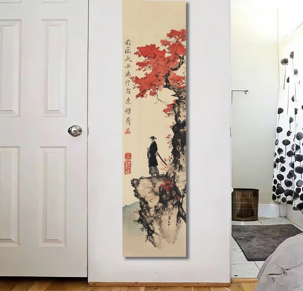 Japanischer Samurai-Wandteppich mit Flachdruck, Roter Ahorn-Baum Tuschegemälde, Vertikaler Wandbehang für Zen-Raum, Dojo, Wohnzimmer-Dekoration