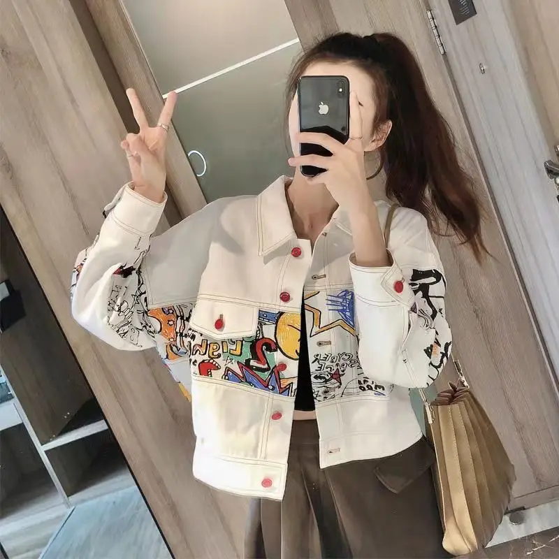 

Denim Jacket Women Fashion Personalized Graffiti Jacket Korean Style College Street Short Jacket Women