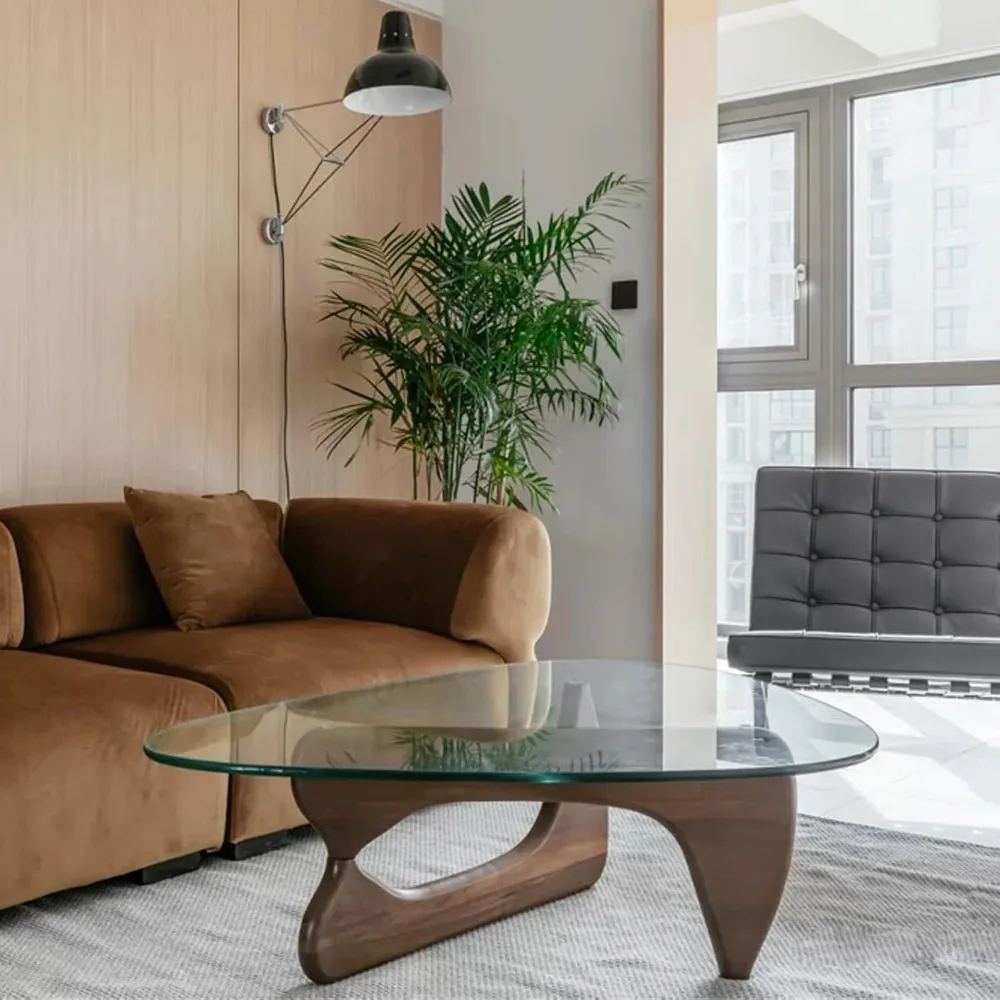 Living Room Coffee Table - Triangular Glass Coffee Table with Wooden Base, Mid-Century Modern Style for Study, Office, Hotel Bal