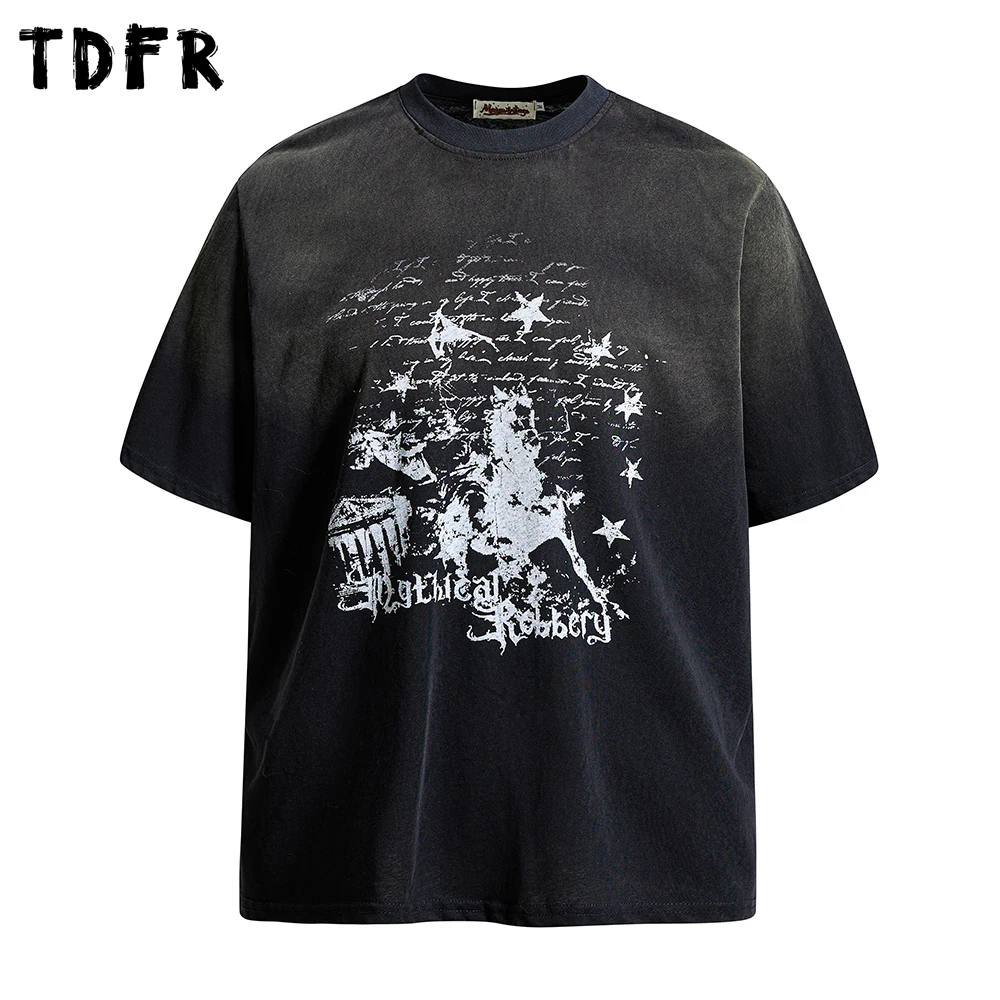 

Washed Distressed Print Short Sleeve T-shirt Mens Summer Retro Casual Loose Half-SleeveCrew Neck Cotton Tee Man Tshirt