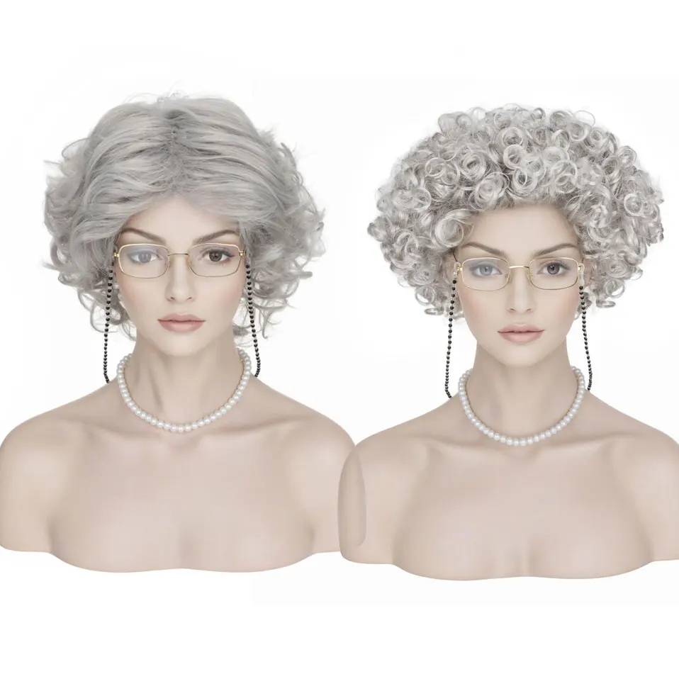 Synthetic 7 Pieces Set Elderly Woman Wig Costume Accessories for Halloween Cosplay Gray Hair Grandma Wig Funny Old Lady Party