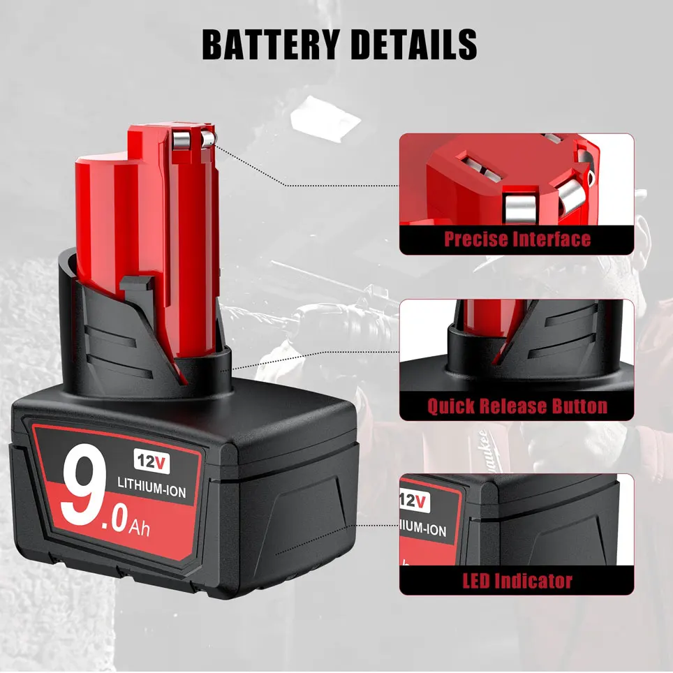 Pro Milwaukee M12 Baterie 12V 9.0Ah Dobíjecí baterie 48-11-2402 48-11-2411 9000mAh Náhradní baterie pro elektrické nářadí - náhled 4