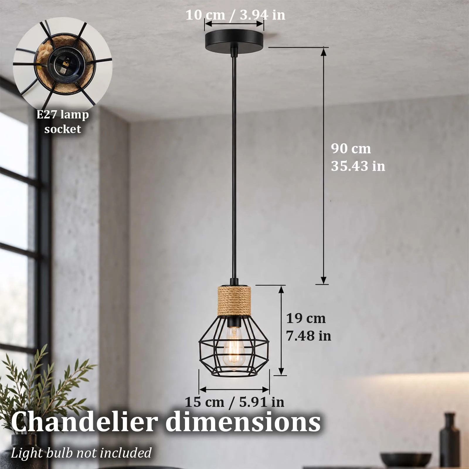 Pendant Light, Black Metal Diamond Cage, Jute Rope Neck, Geometric Open Frame, E27, Industrial, Dining Room Kitchen Island