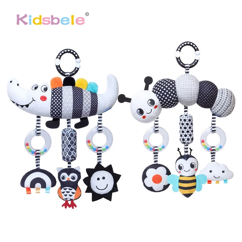 Carrinho de bebê espiral com chocalho crinkle preto branco alto contraste infantil pendurado brinquedo para assento de carro berço ferroviário desenvolvimento sensorial