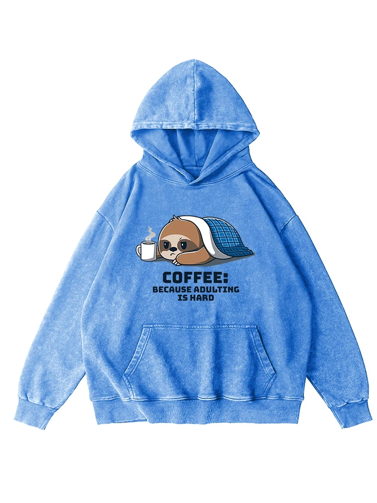 Koalas Drinking Coffee Print Woman Distressed Hoodie Vintage Warm Washed Hooded Casual Soft Cotton Simple Loose Clothes Female