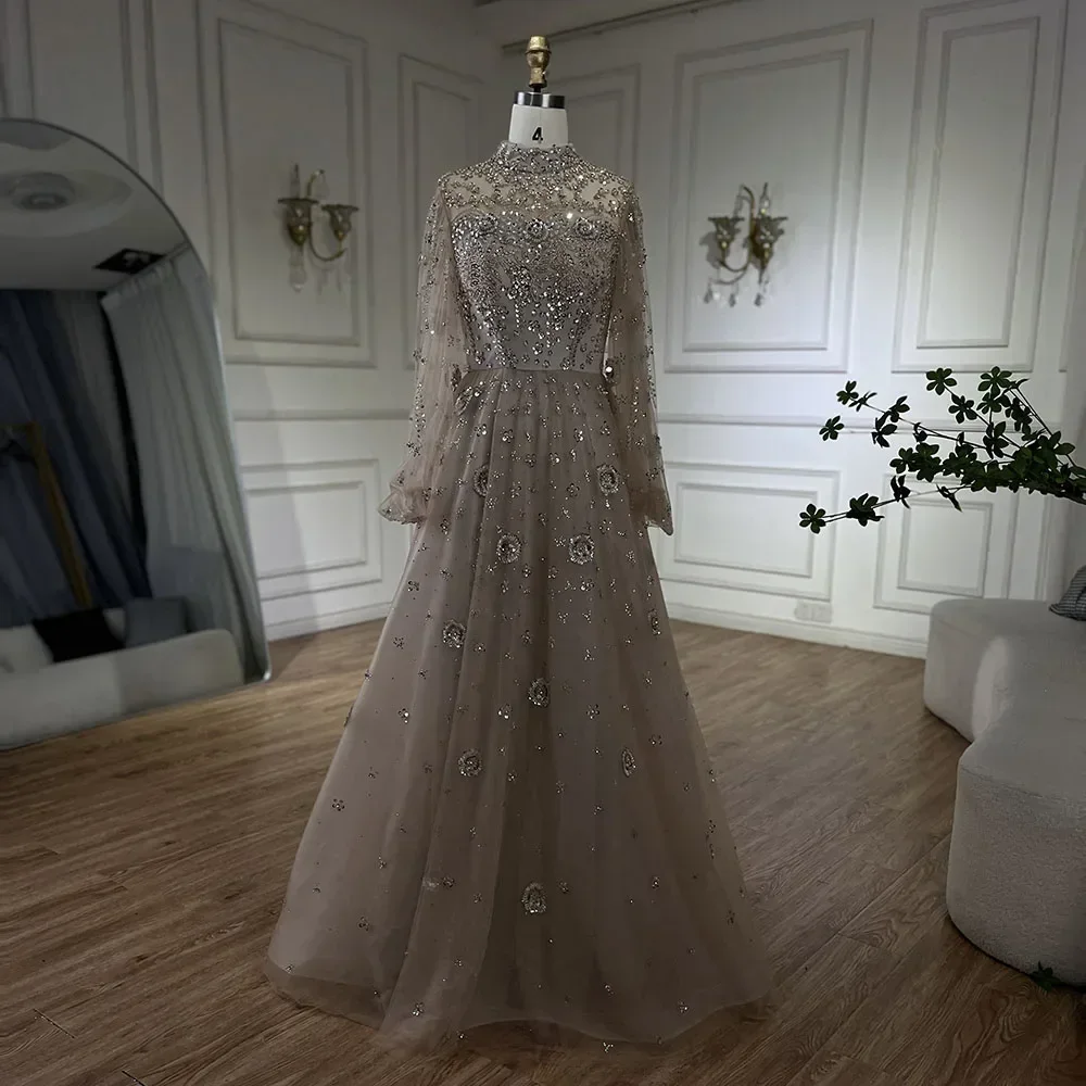 Serene Hill Muslim Nude A-Line Beaded Luxury Modern Dubai Long Evening Gown Customize Wedding Party 2025 BLA72594