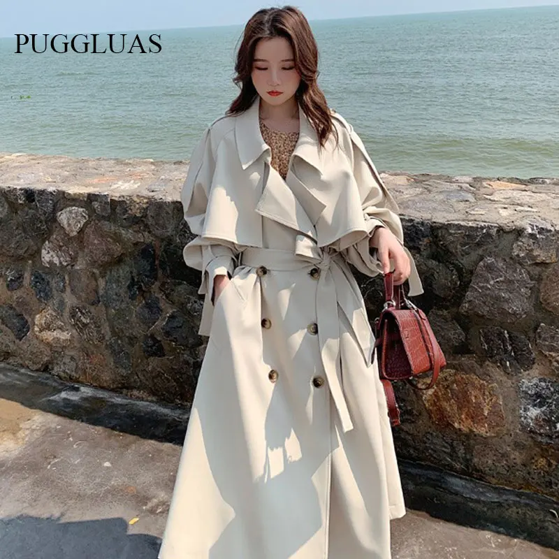 Korea Loose Oversize Double-Breasted Long Trench Coat Women White Black Duster Coat Windbreaker Lady Outerwear Spring Clothes