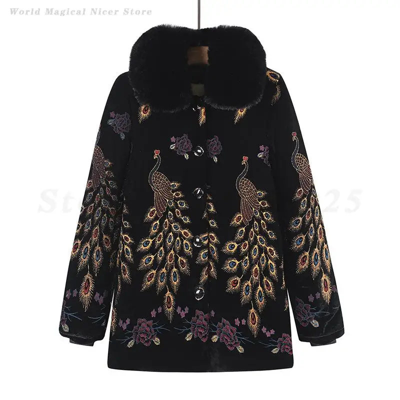 Traditional Chinese Peacock Jacket Middle-Aged Elderly Thicked 5XL Coat Winter Warm Tang Top Fashion Casual Vintage Outerwear