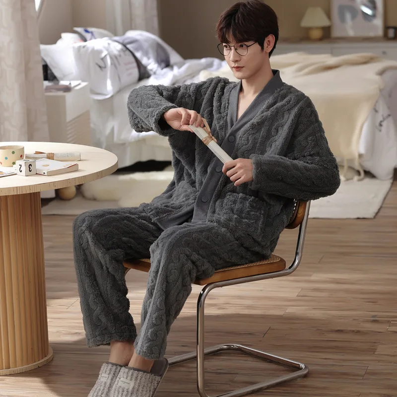 

Autumn Winter Thickened Coral Fleece Nightwear Trouser Suits Flannel Couple Pajamas Set Sleepwear Loose Casual Homewear Pyjama