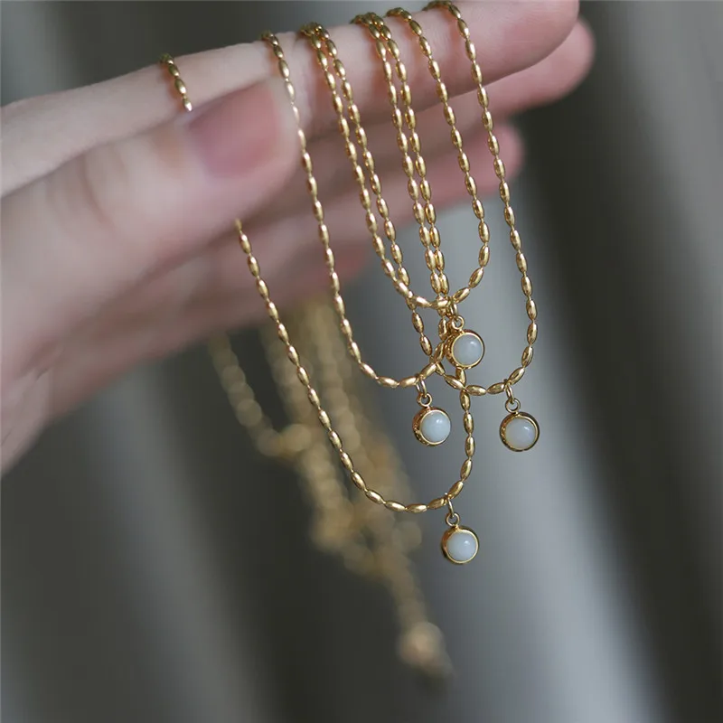 Korea Small Natural Aventurine Jade Round Pendant Necklace for Women Stainless Steel 18k Gold Plated Jewelry